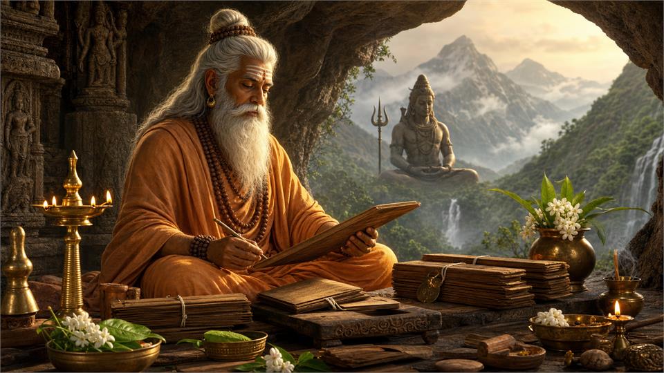 Agastya Maharishi with sacred palm leaf manuscripts showing Agastiya Nadi Astrology, authentic Nadi astrology and palm leaf reading Hyderabad
