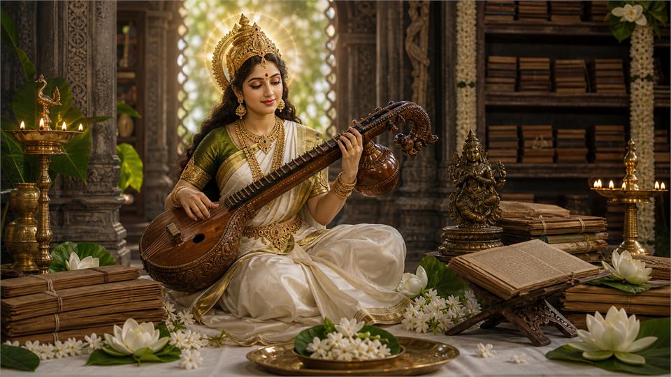 Goddess Saraswati wisdom blessing showing Agastiya Nadi Astrology, authentic Nadi astrology and palm leaf reading Hyderabad