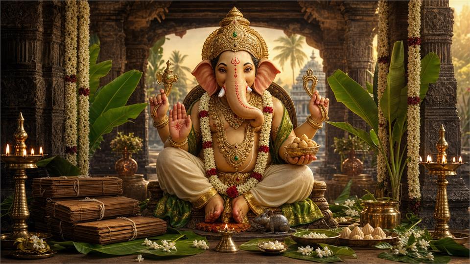 Lord Ganesha obstacle removal blessing showing Agastiya Nadi Astrology, authentic Nadi astrology and palm leaf reading Hyderabad