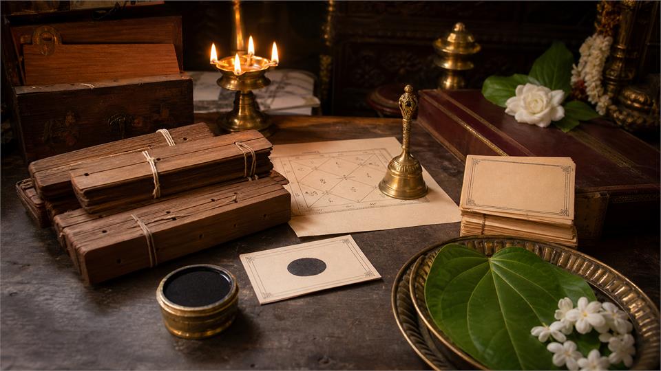 Nadi astrology consultation table with palm leaf reading materials for nadi astrology in Secunderabad